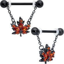 Load image into Gallery viewer, 14G 9/16 Orange CZ Gem Black Autumn Leaf Dangle Nipple Ring Set