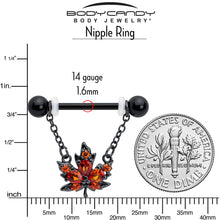 Load image into Gallery viewer, 14G 9/16 Orange CZ Gem Black Autumn Leaf Dangle Nipple Ring Set