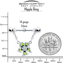 Load image into Gallery viewer, 14G 9/16 Clear CZ Gem Go Green Flower Chain Dangle Nipple Ring Set