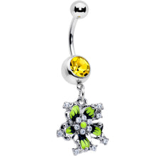 Load image into Gallery viewer, Clear Yellow CZ Gem Go Green Flower Dangle Belly Ring