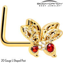 Load image into Gallery viewer, 20G 7mm Red CZ Gem Gold Tone Drama Butterfly L Shape Nose Ring