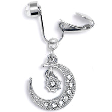 Load image into Gallery viewer, Clear CZ Gem Moon and Star Dangle Clip on Fake Belly Ring