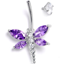将图片加载到图库查看器,Clear Purple CZ Gem Internally Threaded Dragonfly Style Belly Ring