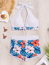 将图片加载到图库查看器,Bikini Floral Halter Neck 2 Piece Swimsuit for Women – Elegant Backless Bikini Set with Tie-Neck Bow and High Waist Shorts Bottoms – Stretchy and Comfortable Summer Swimwear for Beach Pool and Vacation