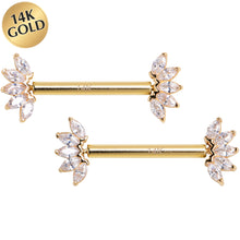 Load image into Gallery viewer, 14G 9/16 Solid 14k Yellow Gold CZ Floral Push In Threadless Nipple Ring Set