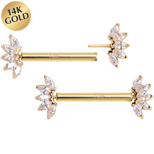 Load image into Gallery viewer, 14G 9/16 Solid 14k Yellow Gold CZ Floral Push In Threadless Nipple Ring Set