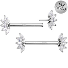 Load image into Gallery viewer, 14G 9/16 Solid 14k White Gold CZ Floral Push In Threadless Nipple Ring Set