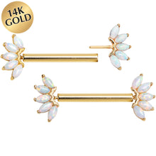 Load image into Gallery viewer, 14G 9/16 Solid 14k Yellow Gold Synthetic Opal Floral Push In Threadless Nipple Ring Set