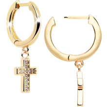 Load image into Gallery viewer, Gold Tone Stainless Steel Hinged Huggie Hoop Cross Dangle Earrings
