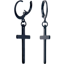 Load image into Gallery viewer, Black Stainless Steel Hinged Huggie Hoop Cross Dangle Earrings