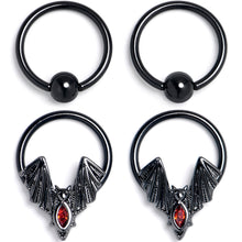 Load image into Gallery viewer, 16G 3/8 Red Gem Black Bat BCR Captive Ring Set of 4