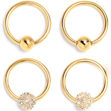 Load image into Gallery viewer, 16G 3/8 Clear Gem Gold Tone Tiny Flower BCR Captive Ring Set of 4