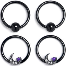 Load image into Gallery viewer, 16G 3/8 Clear Gem Black Moon Heart BCR Captive Ring Set of 4