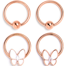 将图片加载到图库查看器,16G 3/8 Clear Gem Rose Gold Tone Butterfly BCR Captive Ring Set of 4