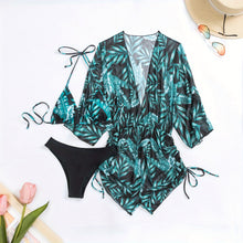 Load image into Gallery viewer, Island Bloom 3-Piece Bikini Set for Women – Tropical Leaf Print Fluttering Swimwear with Flattering Halter Neck Top High Waist Bottoms & Adjustable Drawstring Cover Up – Perfect for Koningsdag Celebrations & Summer Adventures
