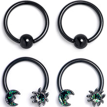 Load image into Gallery viewer, 16G 3/8 Green Faux Opal Black Moon Sun BCR Horseshoe Set of 4