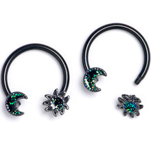 Load image into Gallery viewer, 16G 3/8 Green Faux Opal Black Moon Sun BCR Horseshoe Set of 4