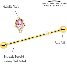 Load image into Gallery viewer, 14G Pink CZ Gem Gold Tone Style Fire Industrial Barbell 38mm