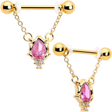 Load image into Gallery viewer, 14G 9/16 Pink CZ Gem Gold Tone Style Fire Dangle Nipple Ring Set