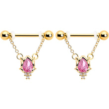 Load image into Gallery viewer, 14G 9/16 Pink CZ Gem Gold Tone Style Fire Dangle Nipple Ring Set