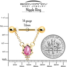 Load image into Gallery viewer, 14G 9/16 Pink CZ Gem Gold Tone Style Fire Dangle Nipple Ring Set