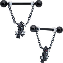 Load image into Gallery viewer, 14G 9/16 Clear CZ Gem Black Raven Witch Dangle Nipple Ring Set