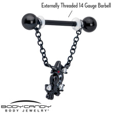Load image into Gallery viewer, 14G 9/16 Clear CZ Gem Black Raven Witch Dangle Nipple Ring Set