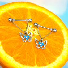 Load image into Gallery viewer, 14G 9/16 Clear Gem Fabulous Butterfly Blue Dangle Nipple Ring Set