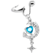 将图片加载到图库查看器,Clear Blue Gem Moon Lover Dangle Clip On Fake Belly Ring
