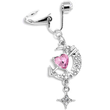 Load image into Gallery viewer, Clear Pink Gem Moon Lover Dangle Clip On Fake Belly Ring