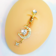 Load image into Gallery viewer, Clear Gem Gold Tone Moon Lover Dangle Clip On Fake Belly Ring