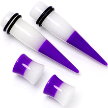 Load image into Gallery viewer, Purple White Acrylic Glow in the Dark Taper Saddle Plug Set 8mm to 16mm Sizes