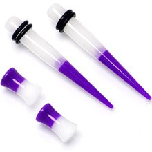 Load image into Gallery viewer, Purple White Acrylic Glow in the Dark Taper Saddle Plug Set 8mm to 16mm Sizes