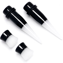 Load image into Gallery viewer, Black White Acrylic Glow in the Dark Taper Saddle Plug Set 8mm to 16mm Sizes