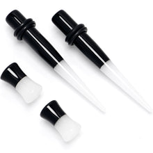 Load image into Gallery viewer, Black White Acrylic Glow in the Dark Taper Saddle Plug Set 8mm to 16mm Sizes