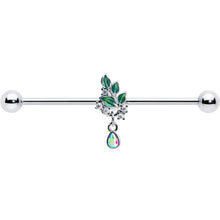 Load image into Gallery viewer, 14G Aurora CZ Gem Morning Leaves Dangle Industrial Barbell 38mm
