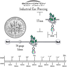 Load image into Gallery viewer, 14G Aurora CZ Gem Morning Leaves Dangle Industrial Barbell 38mm