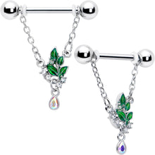 Load image into Gallery viewer, 14G 9/16 Aurora CZ Gem Morning Leaves Chain Dangle Nipple Ring Set