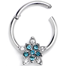 Load image into Gallery viewer, 16G 3/8 Blue Clear CZ Gem Snowflake Flower Hinged Segment Ring