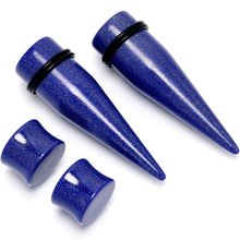 Load image into Gallery viewer, Blue Acrylic Shimmer Finish Taper Saddle Plug Set 6mm to 20mm Sizes