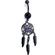 Load image into Gallery viewer, Aurora Clear CZ Gem Black Dreamcatcher Feather Dangle Belly Ring