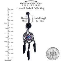 Load image into Gallery viewer, Aurora Clear CZ Gem Black Dreamcatcher Feather Dangle Belly Ring