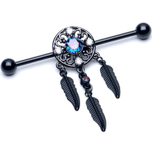 Load image into Gallery viewer, 14G Aurora CZ Gem Black Dreamcatcher Dangle Industrial Barbell 38mm