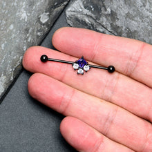 Load image into Gallery viewer, 14G Clear Purple CZ Gem Black Rhombus Riot Industrial Barbell 38mm