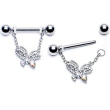 Load image into Gallery viewer, 14G 9/16 Aurora CZ Gem Ultra Drama Butterfly Dangle Nipple Ring Set