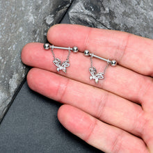 Load image into Gallery viewer, 14G 9/16 Aurora CZ Gem Ultra Drama Butterfly Dangle Nipple Ring Set