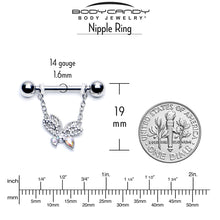 Load image into Gallery viewer, 14G 9/16 Aurora CZ Gem Ultra Drama Butterfly Dangle Nipple Ring Set