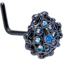 Load image into Gallery viewer, 20G 7mm Blue Aurora Gem Black Night Blossom L Shape Nose Ring