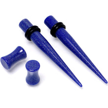 Load image into Gallery viewer, Blue Acrylic Shimmer Finish Taper Saddle Plug Set 6mm to 20mm Sizes