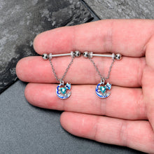 Load image into Gallery viewer, 14G 9/16 Blue Gem Butterfly Love Heart Dangle Nipple Ring Set